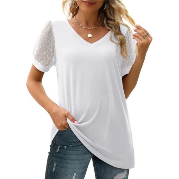 Womens Summer Tops V Neck T Shirts Swiss Dot Puff Sleeve Tops Loose - Picture 3 of 5